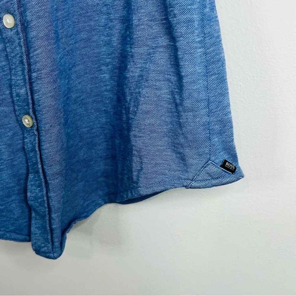 Hugo Boss Blue Linen Blend SS Button Up Shirt M - Picture 4 of 7